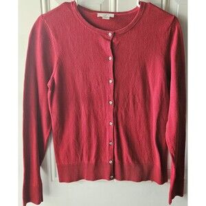 LOFT Cardigan Womens S Coral Red 100% Cotton Crystal Button Crewneck Long Sleeve